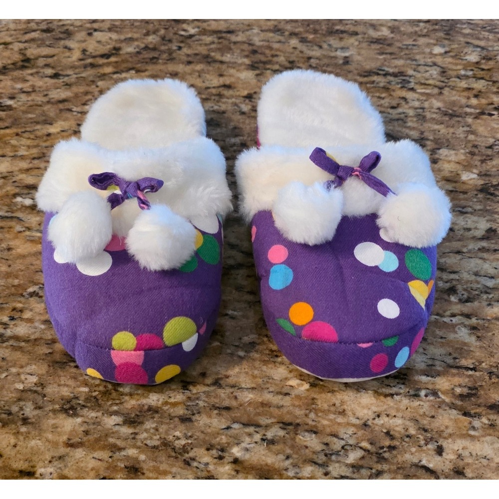 Victorias Secret Purple Polka Dot Pom Pom Faux Fur Plush Slippers Womens S NWOT